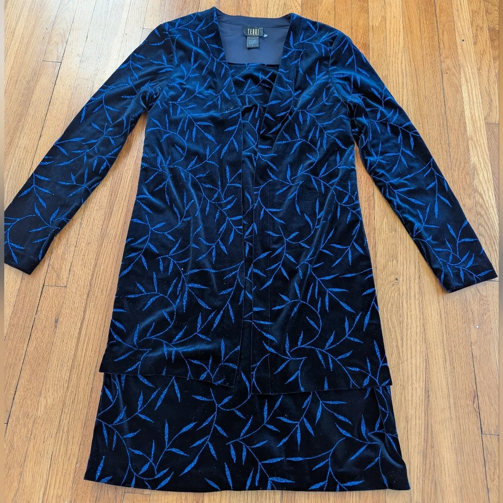 90s Whimsygoth Glittery Blue & Black Velvet Long Sleeve Dress & Cardigan Set